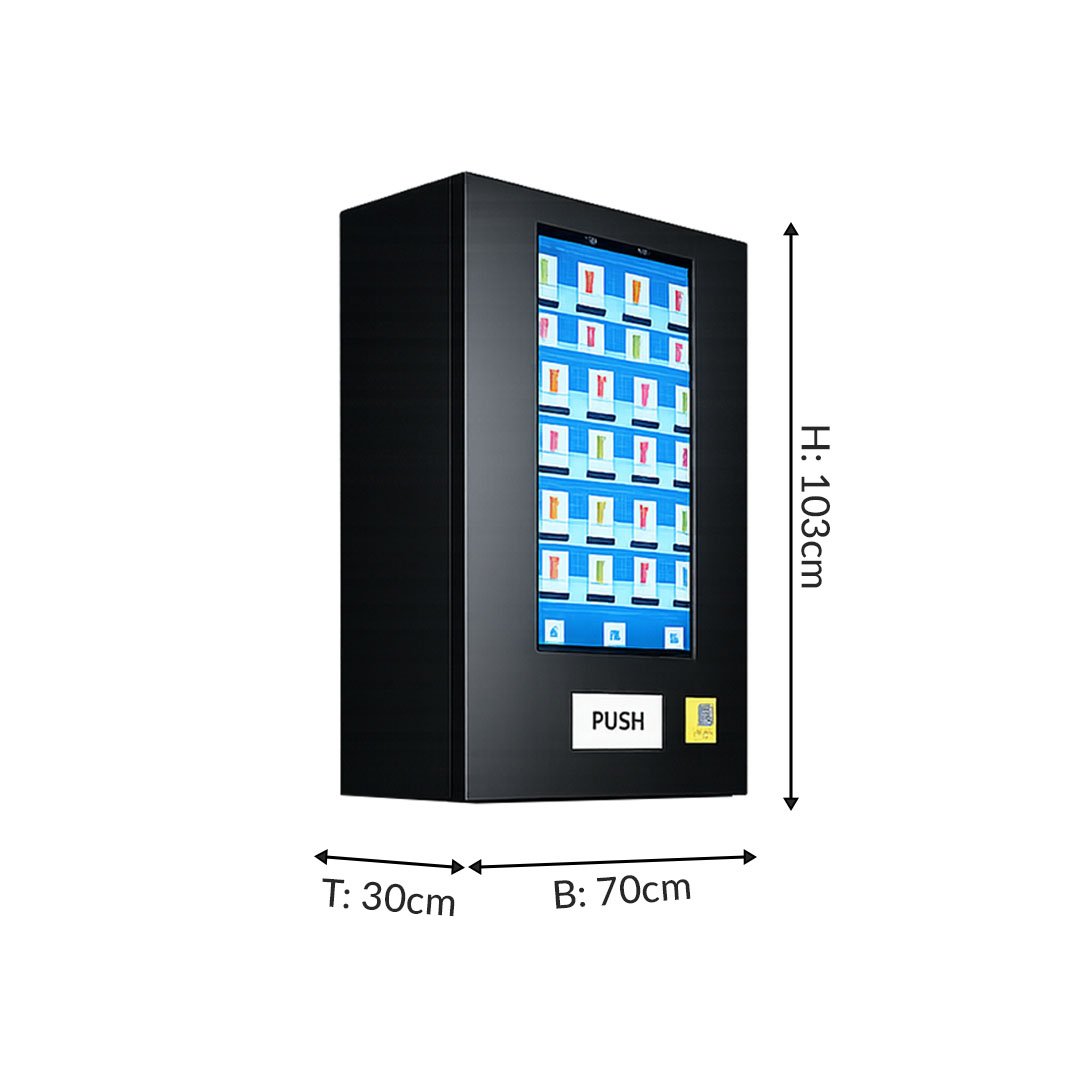Vaipbox Vape-Automat mit Maßangaben: Höhe 103 cm, Breite 70 cm, Tiefe 30 cm